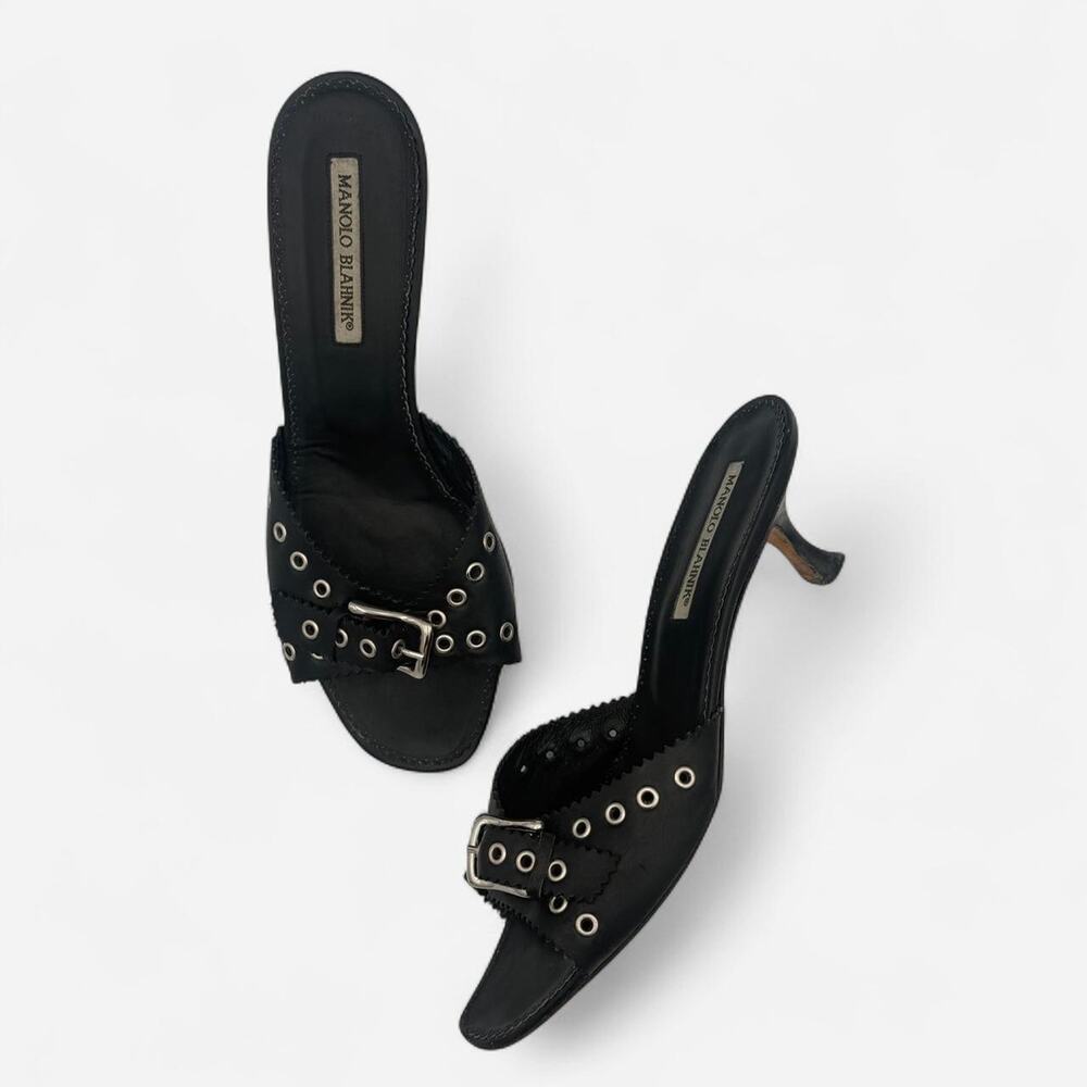 Vintage Manolo Blahnik Black Leather Kitten Heel Mules with Silver Grommets